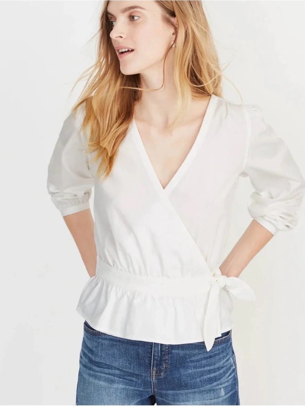 Madewell Puff Sleeve Peplum Wrap Top Pure White NWT Medium